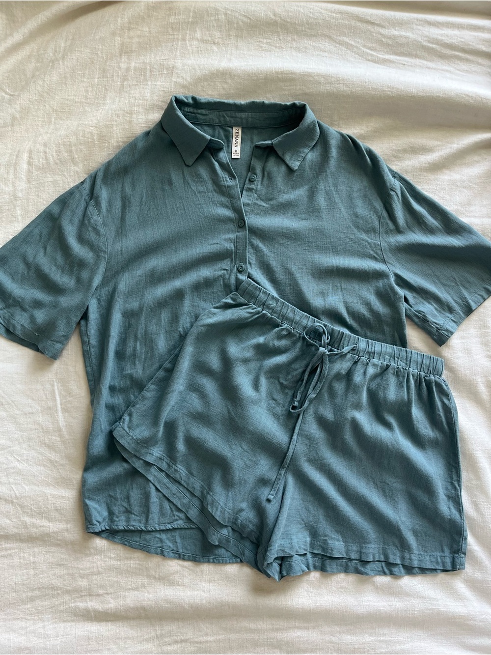 Dusty Blue Linen-Blend Button Up/Shorts Set Brand New